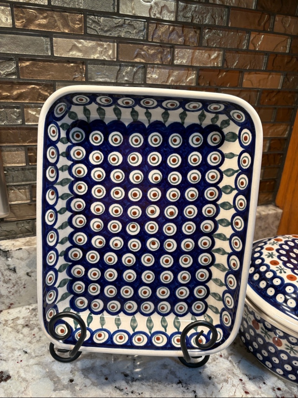Hand-Painted Blue Polish Pottery Rectangular Baker
